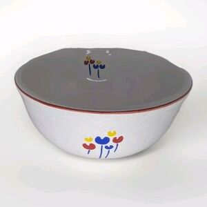 Riva Designs "Tulips"  Blue Box Salt & Pepper, And Matching Bowl Red Vintage Set